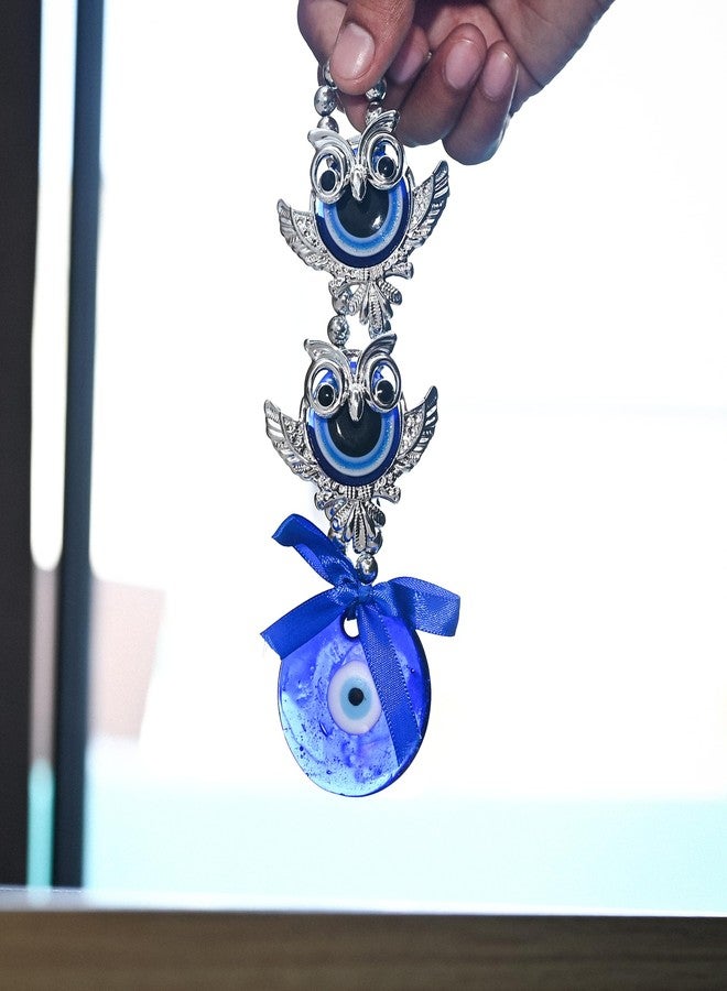 Hindcraft Hanging Decoration Items - 2 Owls Evil Eye Nazar Battu Hanging Showpiece | Protection Amulet for Home, Office & Car | Stylish Silver & Blue Good Luck Charm for Living Room Decor - Image 5